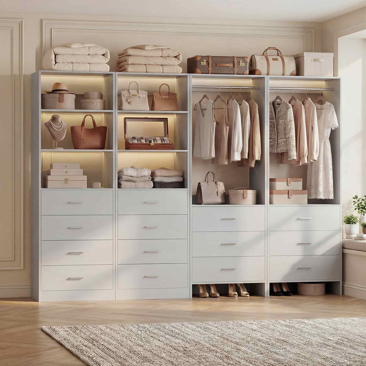 Closet Storage System, 4 Piece Set, 90''W Freestanding Wardrobe System with with 14 Drawers, 2 Hanging Rods & Shelves