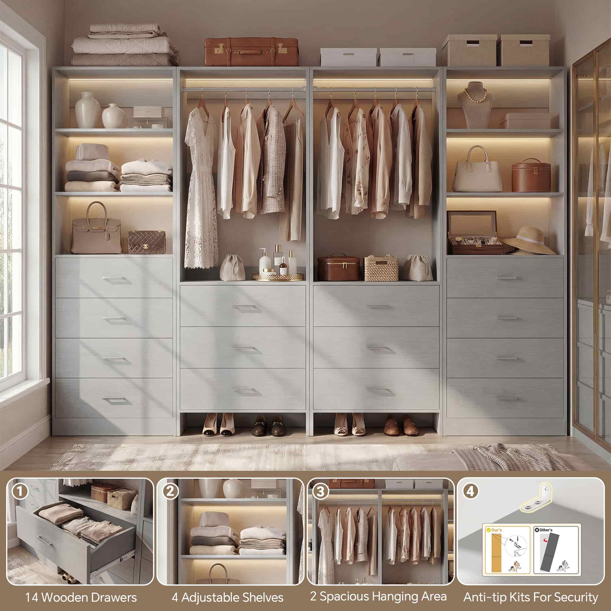 Closet Storage System, 4 Piece Set, 90''W Freestanding Wardrobe System with with 14 Drawers, 2 Hanging Rods & Shelves