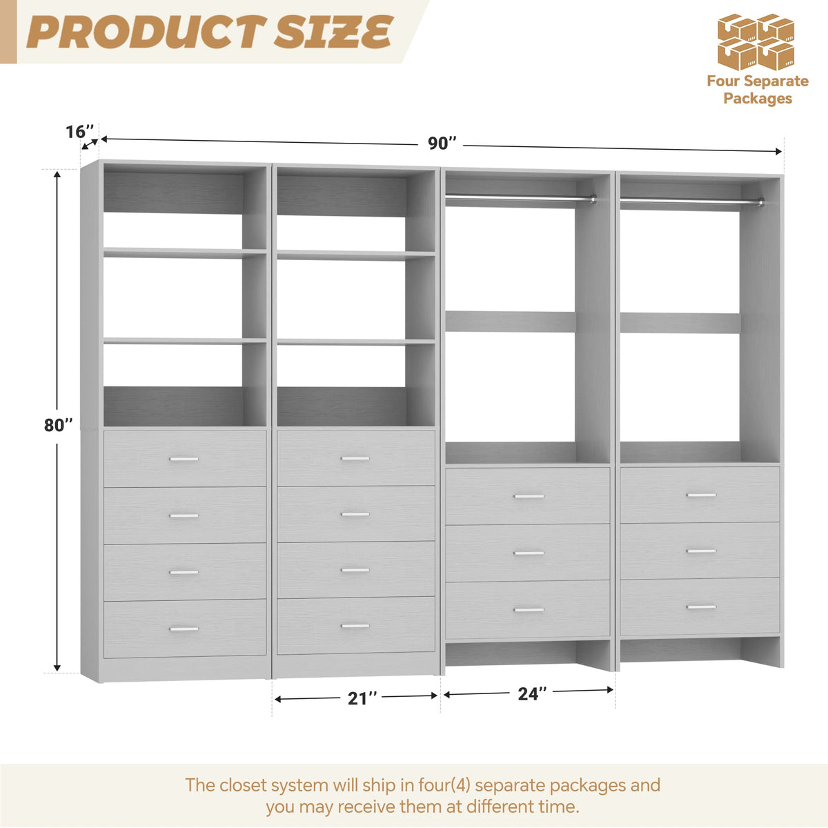 Closet Storage System, 4 Piece Set, 90''W Freestanding Wardrobe System with with 14 Drawers, 2 Hanging Rods & Shelves