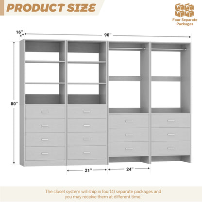Closet Storage System, 4 Piece Set, 90''W Freestanding Wardrobe System with with 14 Drawers, 2 Hanging Rods & Shelves