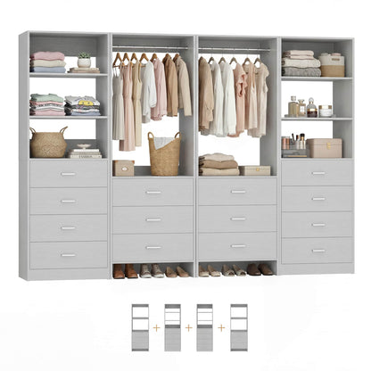 Closet Storage System, 4 Piece Set, 90''W Freestanding Wardrobe System with with 14 Drawers, 2 Hanging Rods & Shelves
