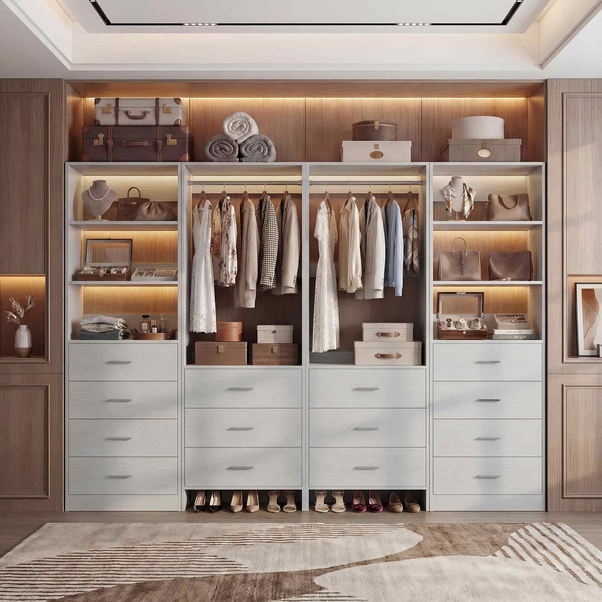 Closet Storage System, 4 Piece Set, 90''W Freestanding Wardrobe System with with 14 Drawers, 2 Hanging Rods & Shelves