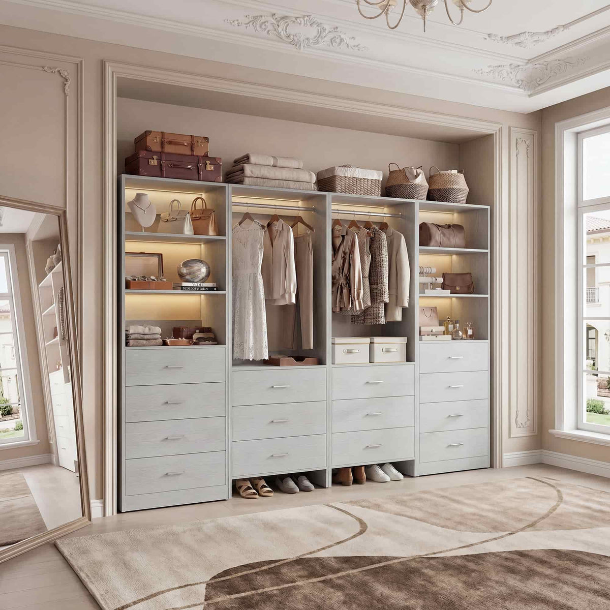 Closet Storage System, 4 Piece Set, 90''W Freestanding Wardrobe System with with 14 Drawers, 2 Hanging Rods & Shelves