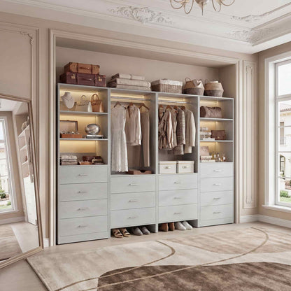 Closet Storage System, 4 Piece Set, 90''W Freestanding Wardrobe System with with 14 Drawers, 2 Hanging Rods & Shelves