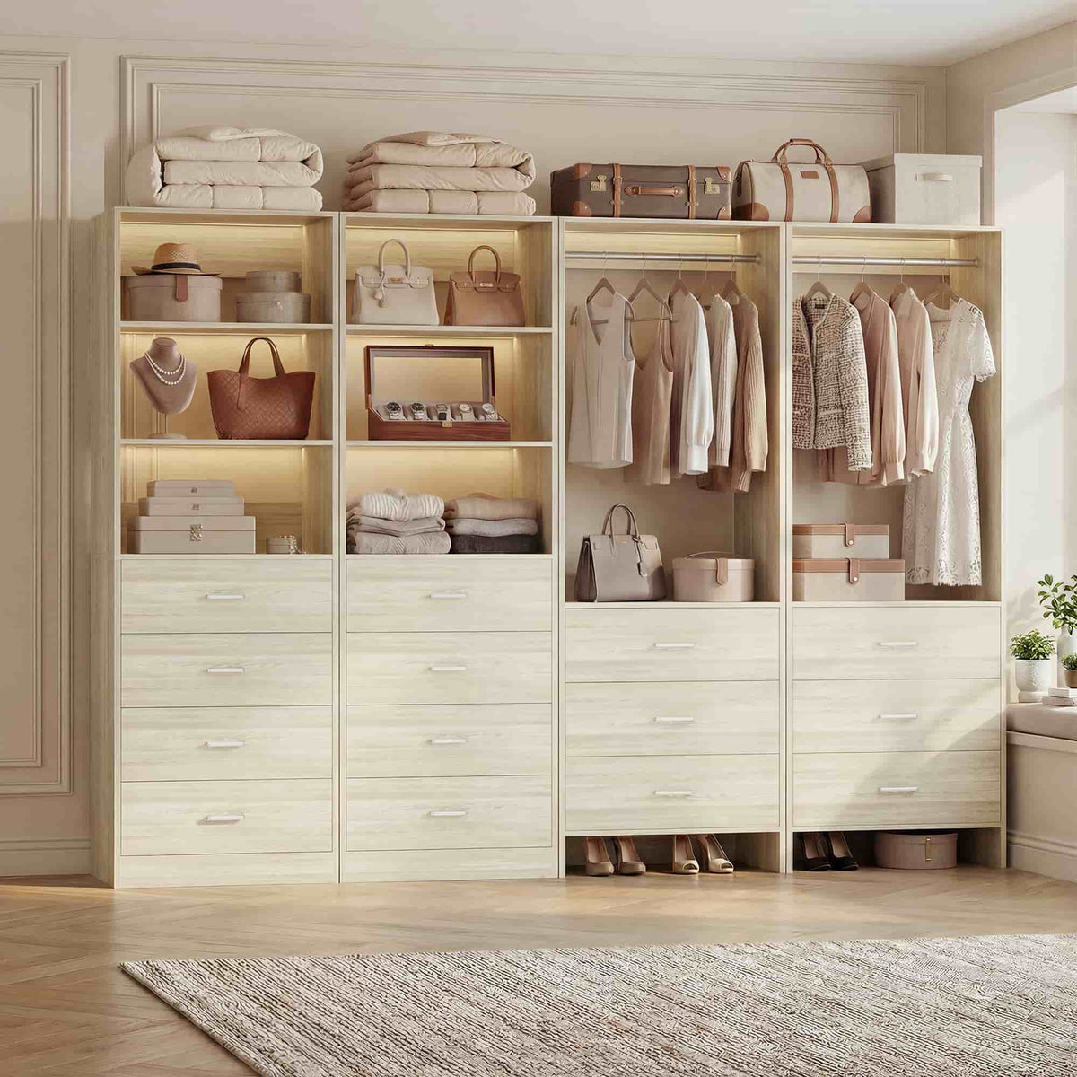 Closet Storage System, 4 Piece Set, 90''W Freestanding Wardrobe System with with 14 Drawers, 2 Hanging Rods & Shelves