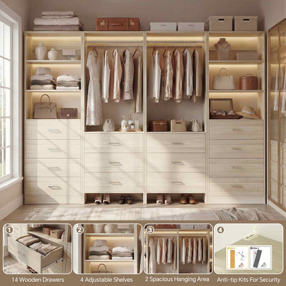 Closet Storage System, 4 Piece Set, 90''W Freestanding Wardrobe System with with 14 Drawers, 2 Hanging Rods & Shelves