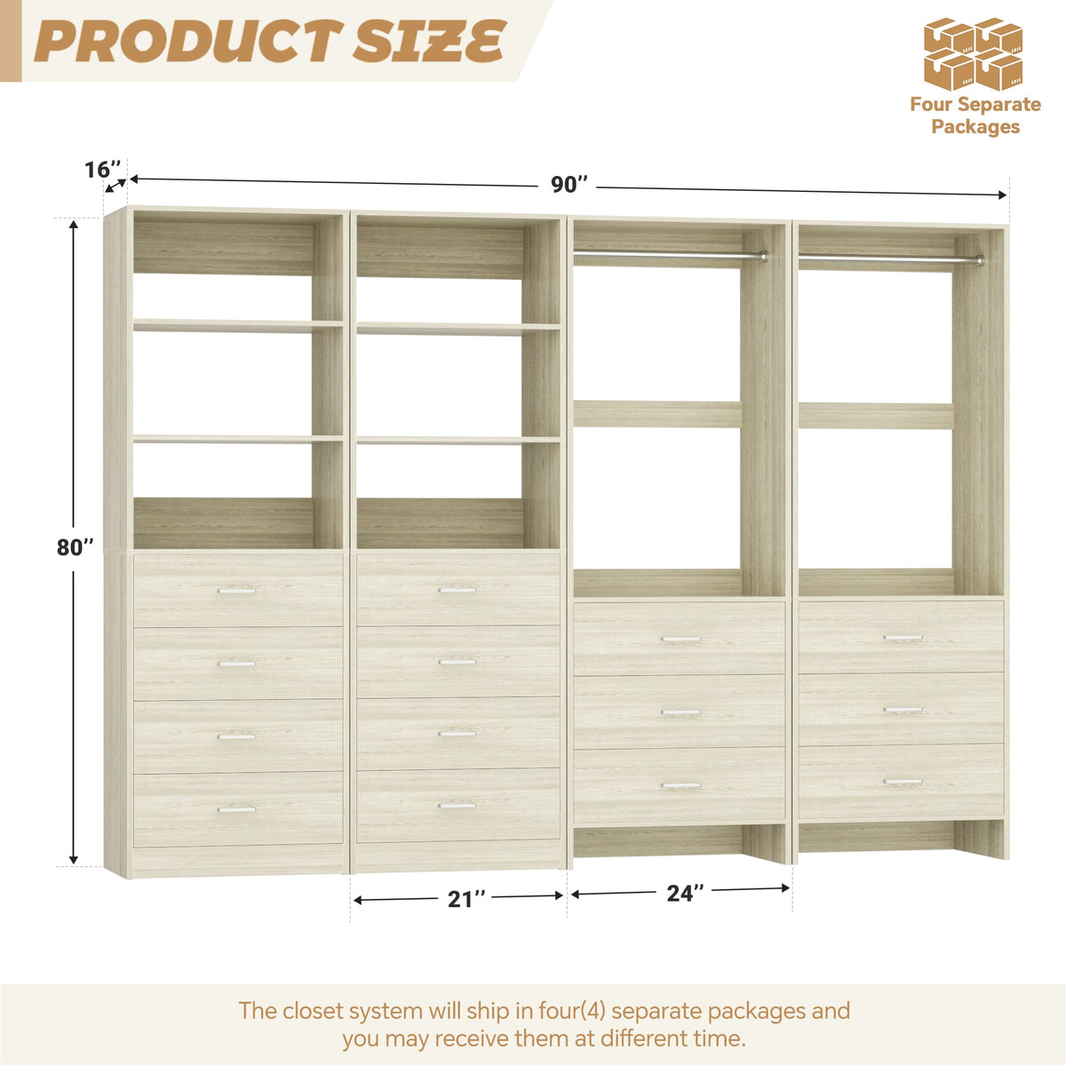Closet Storage System, 4 Piece Set, 90''W Freestanding Wardrobe System with with 14 Drawers, 2 Hanging Rods & Shelves