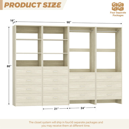 Closet Storage System, 4 Piece Set, 90''W Freestanding Wardrobe System with with 14 Drawers, 2 Hanging Rods & Shelves
