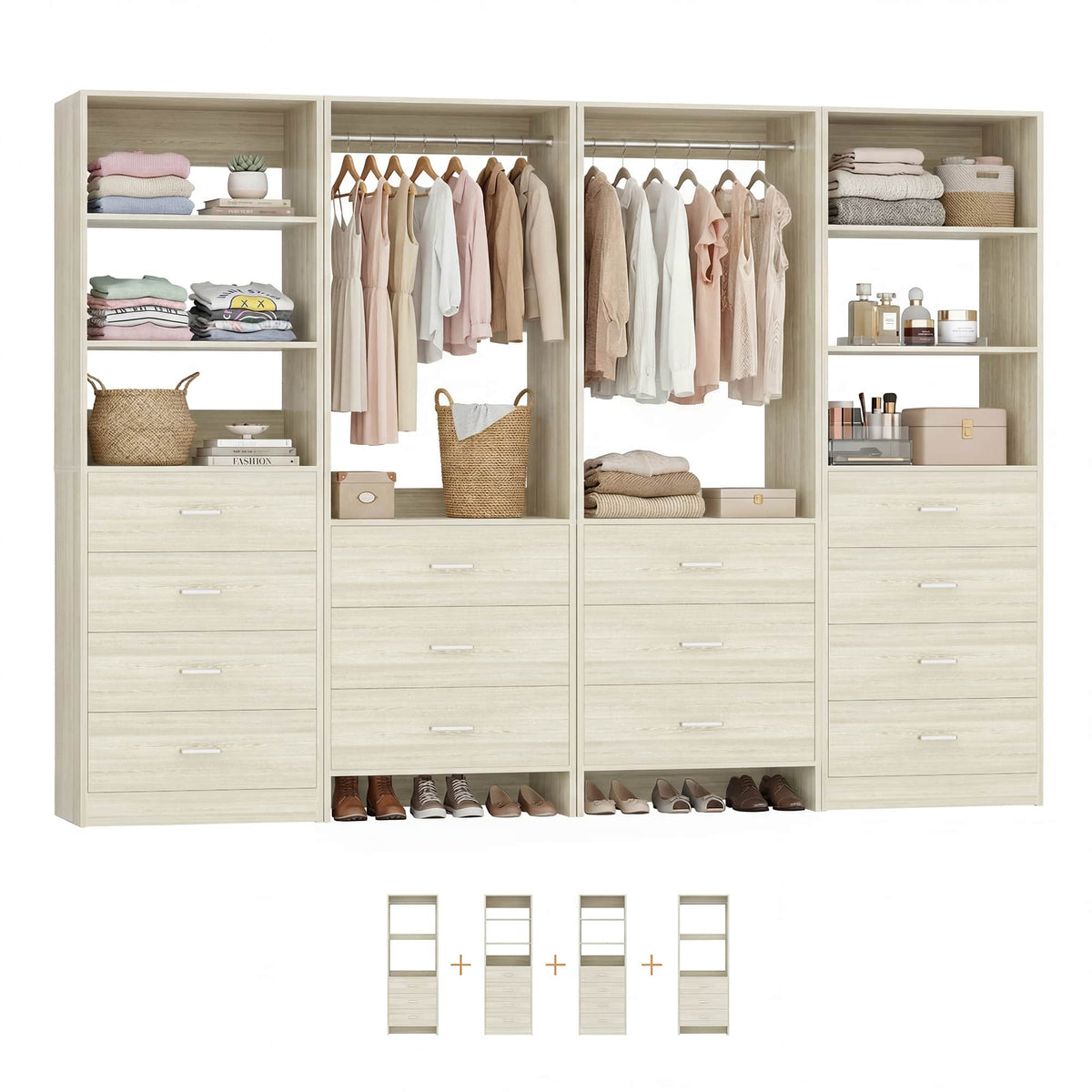 Closet Storage System, 4 Piece Set, 90''W Freestanding Wardrobe System with with 14 Drawers, 2 Hanging Rods & Shelves