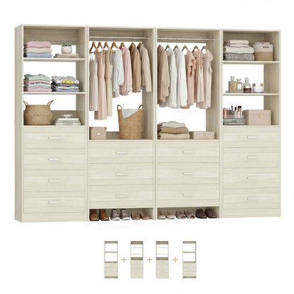 Closet Storage System, 4 Piece Set, 90''W Freestanding Wardrobe System with with 14 Drawers, 2 Hanging Rods & Shelves
