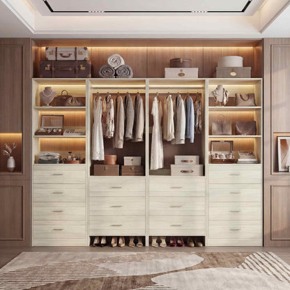 Closet Storage System, 4 Piece Set, 90''W Freestanding Wardrobe System with with 14 Drawers, 2 Hanging Rods & Shelves