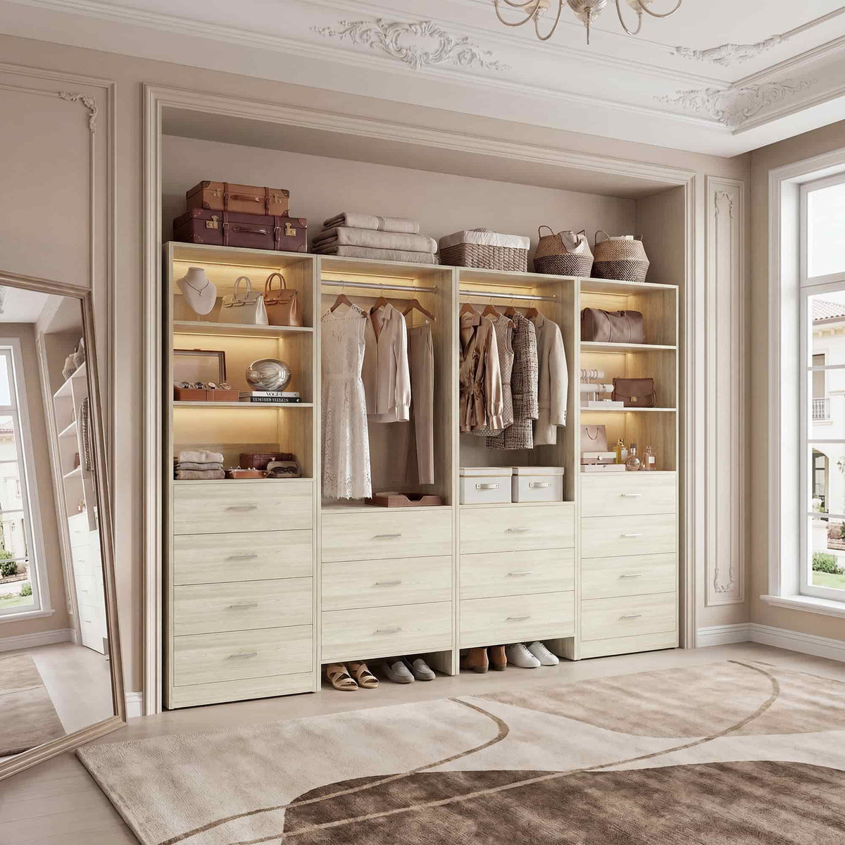 Closet Storage System, 4 Piece Set, 90''W Freestanding Wardrobe System with with 14 Drawers, 2 Hanging Rods & Shelves