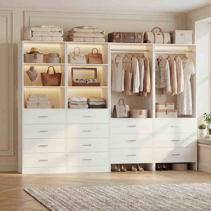 Closet Storage System, 4 Piece Set, 90''W Freestanding Wardrobe System with with 14 Drawers, 2 Hanging Rods & Shelves