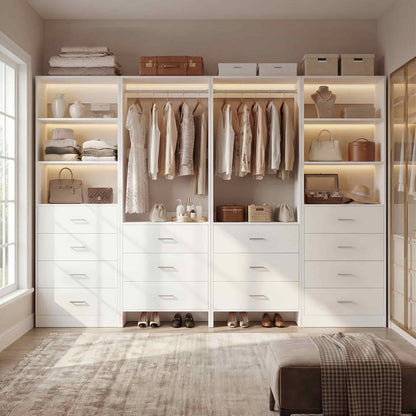 Closet Storage System, 4 Piece Set, 90''W Freestanding Wardrobe System with with 14 Drawers, 2 Hanging Rods & Shelves