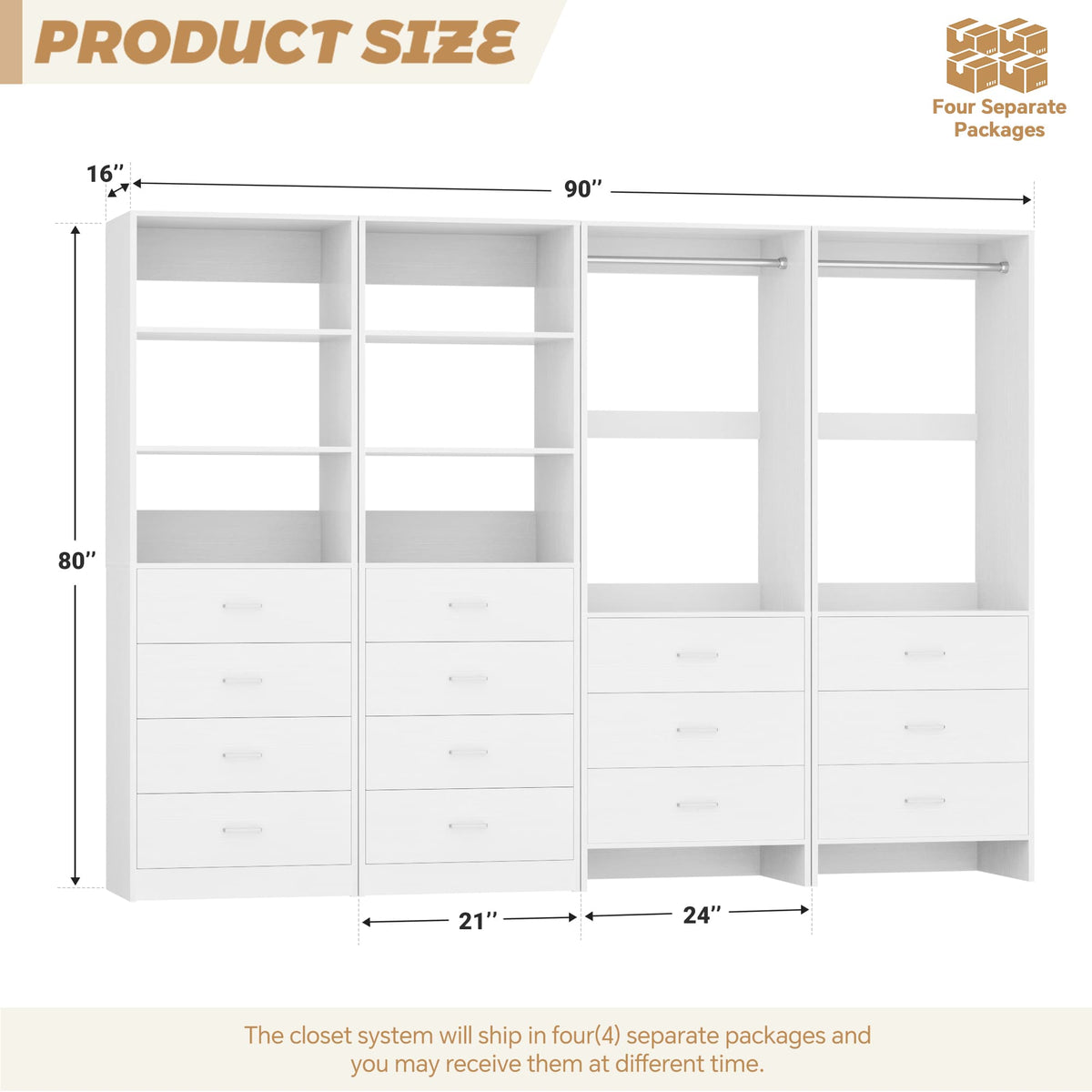 Closet Storage System, 4 Piece Set, 90''W Freestanding Wardrobe System with with 14 Drawers, 2 Hanging Rods & Shelves