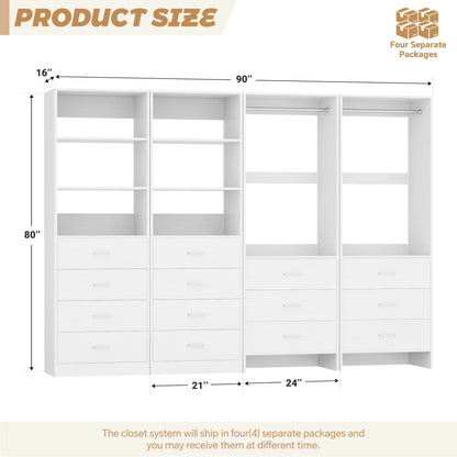 Closet Storage System, 4 Piece Set, 90''W Freestanding Wardrobe System with with 14 Drawers, 2 Hanging Rods & Shelves