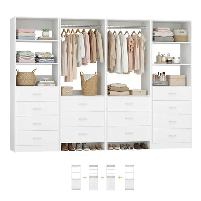 Closet Storage System, 4 Piece Set, 90''W Freestanding Wardrobe System with with 14 Drawers, 2 Hanging Rods & Shelves