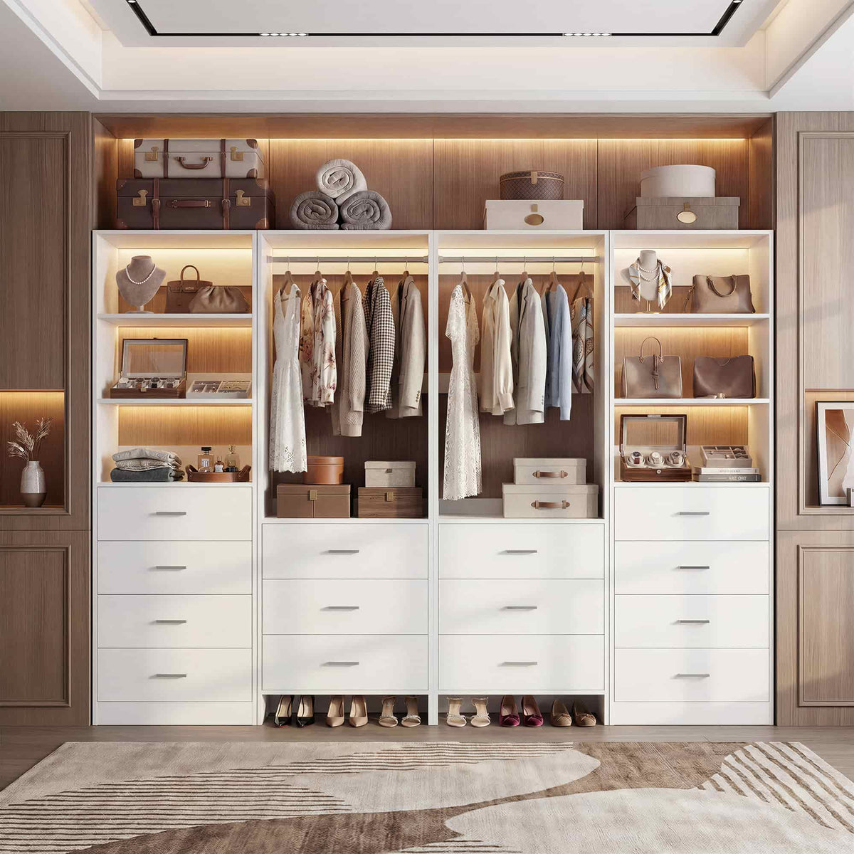 Closet Storage System, 4 Piece Set, 90''W Freestanding Wardrobe System with with 14 Drawers, 2 Hanging Rods & Shelves