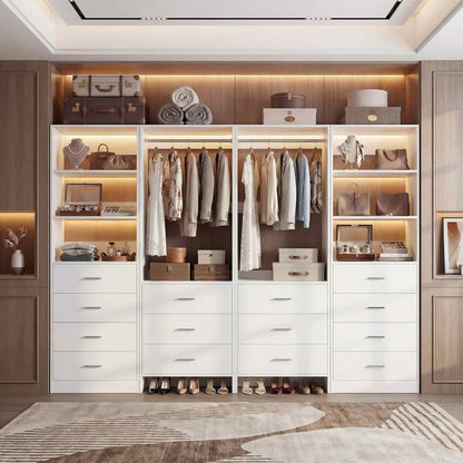 Closet Storage System, 4 Piece Set, 90''W Freestanding Wardrobe System with with 14 Drawers, 2 Hanging Rods & Shelves