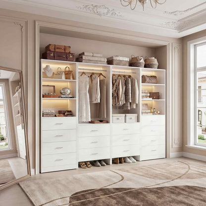 Closet Storage System, 4 Piece Set, 90''W Freestanding Wardrobe System with with 14 Drawers, 2 Hanging Rods & Shelves