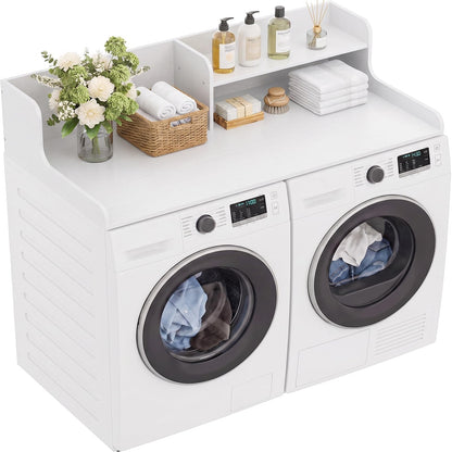 54" Washer Dryer Countertop with 2-Tier Raised Back Shelf, Laundry Wood Storage Overlay