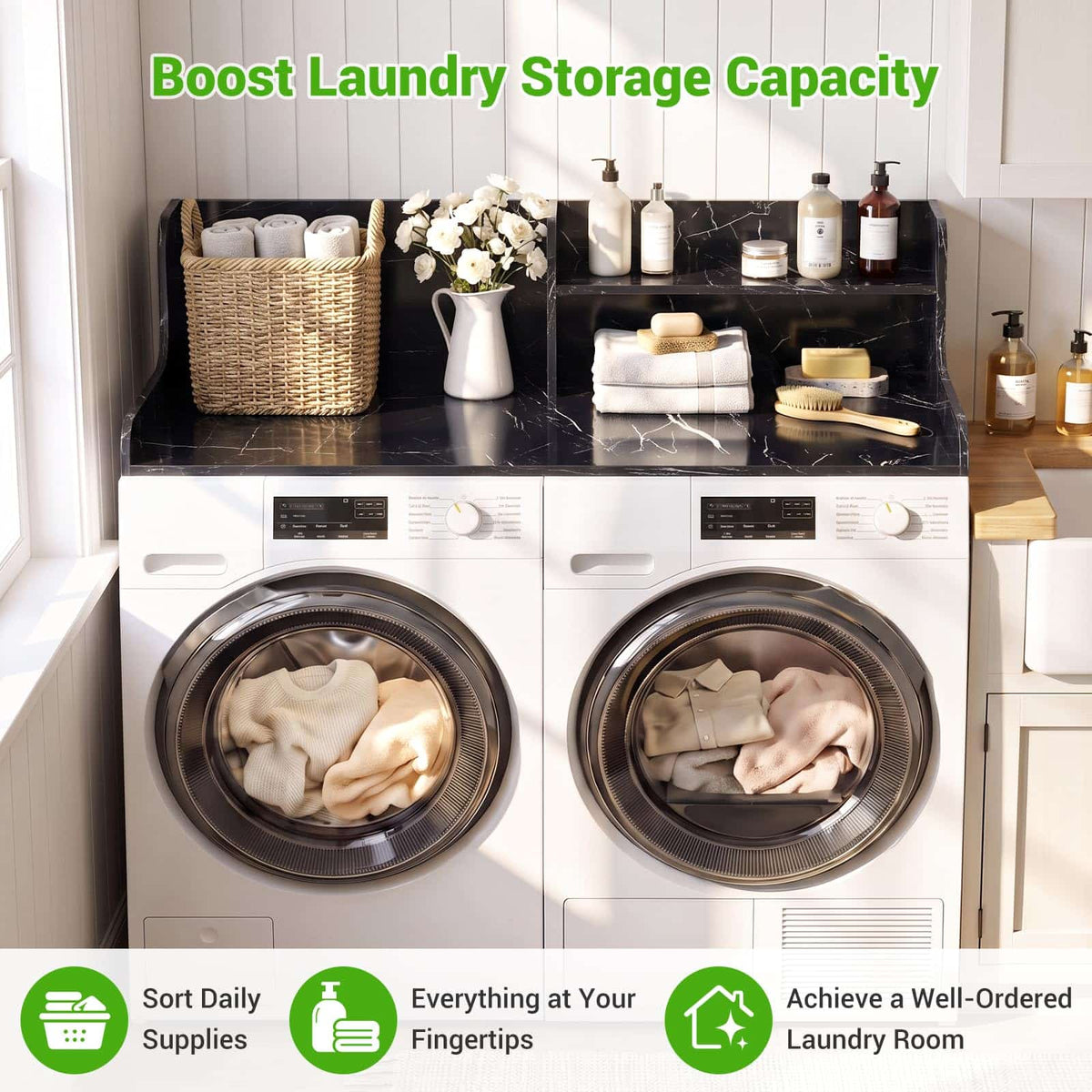 54" Washer Dryer Countertop with 2-Tier Raised Back Shelf, Laundry Wood Storage Overlay