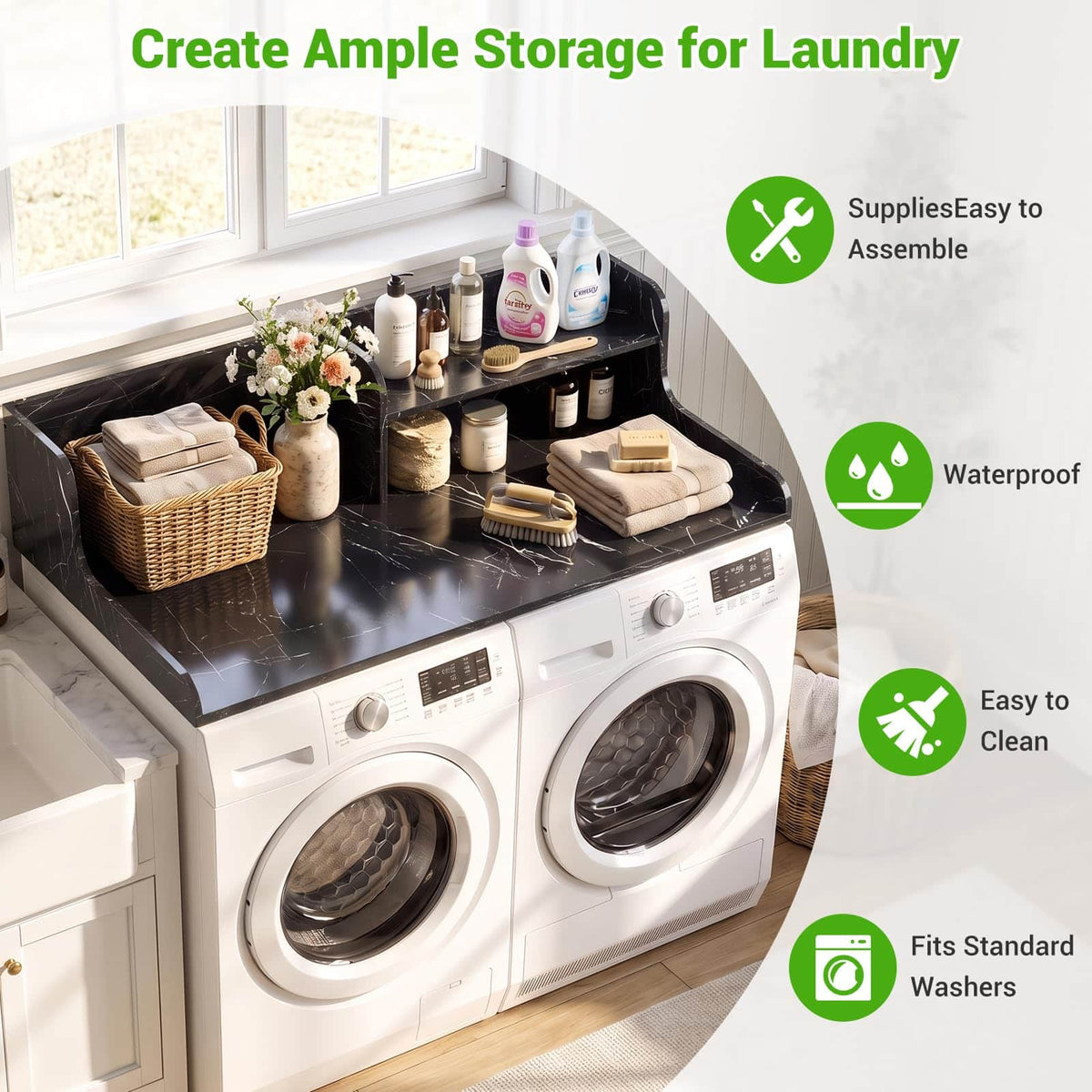 54" Washer Dryer Countertop with 2-Tier Raised Back Shelf, Laundry Wood Storage Overlay
