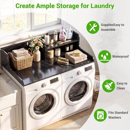 54" Washer Dryer Countertop with 2-Tier Raised Back Shelf, Laundry Wood Storage Overlay