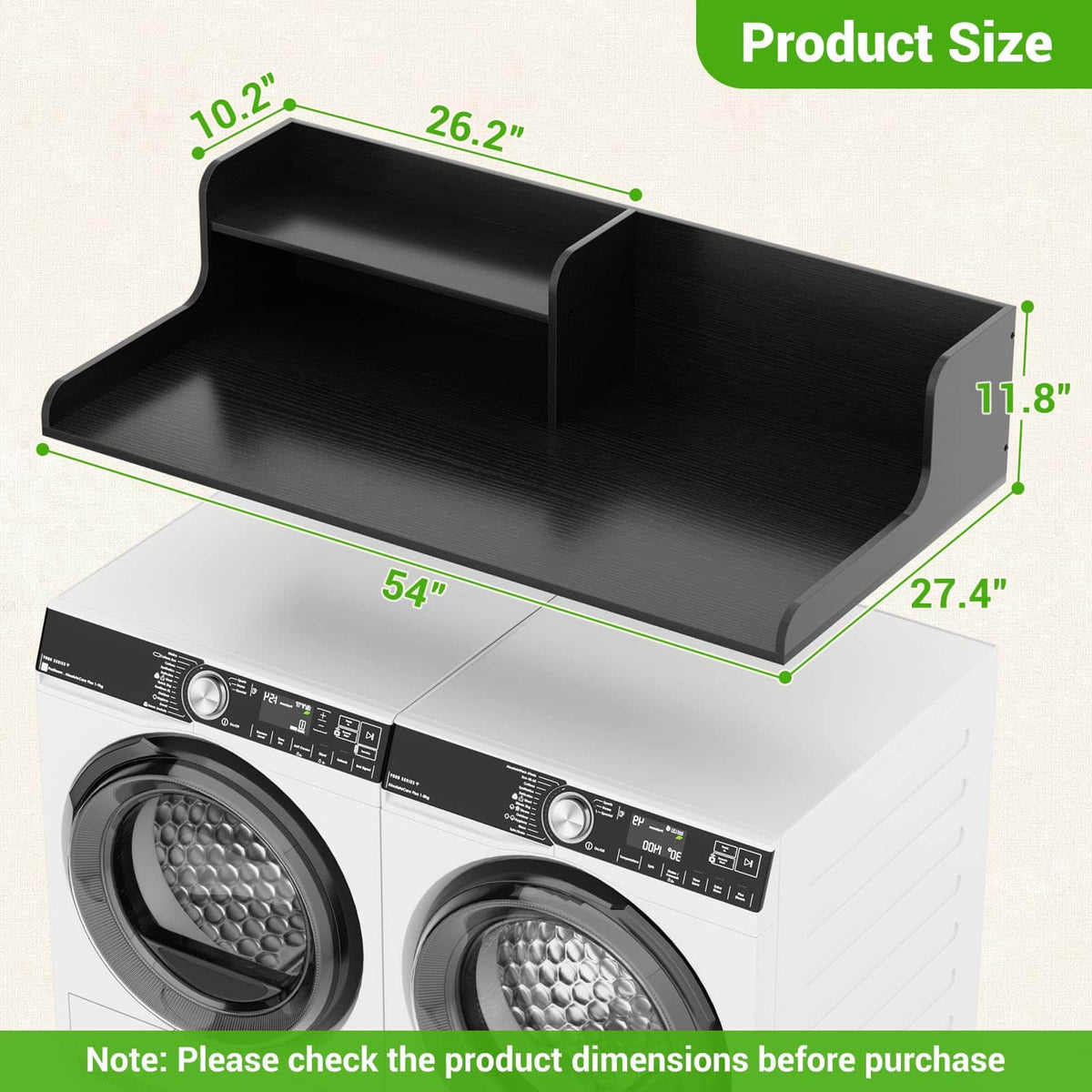 54" Washer Dryer Countertop with 2-Tier Raised Back Shelf, Laundry Wood Storage Overlay
