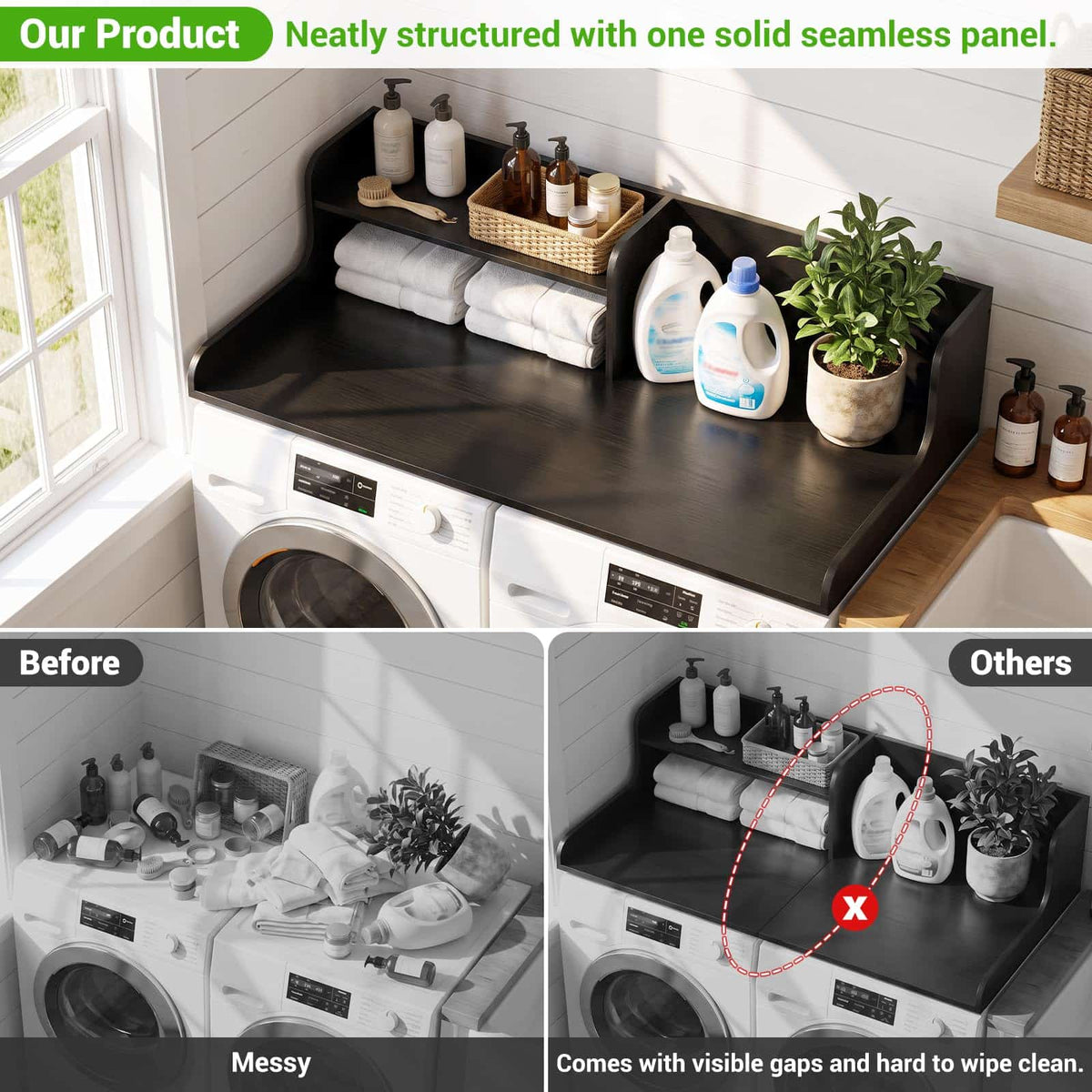 54" Washer Dryer Countertop with 2-Tier Raised Back Shelf, Laundry Wood Storage Overlay