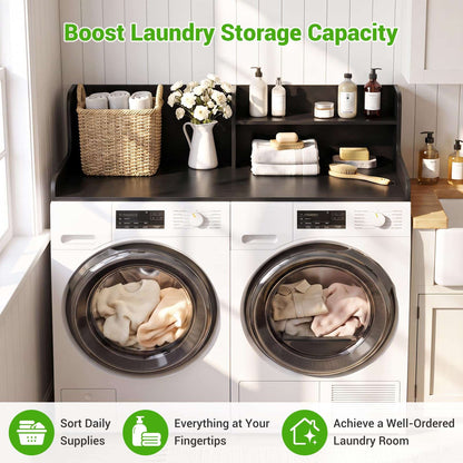54" Washer Dryer Countertop with 2-Tier Raised Back Shelf, Laundry Wood Storage Overlay