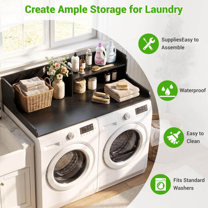 54" Washer Dryer Countertop with 2-Tier Raised Back Shelf, Laundry Wood Storage Overlay