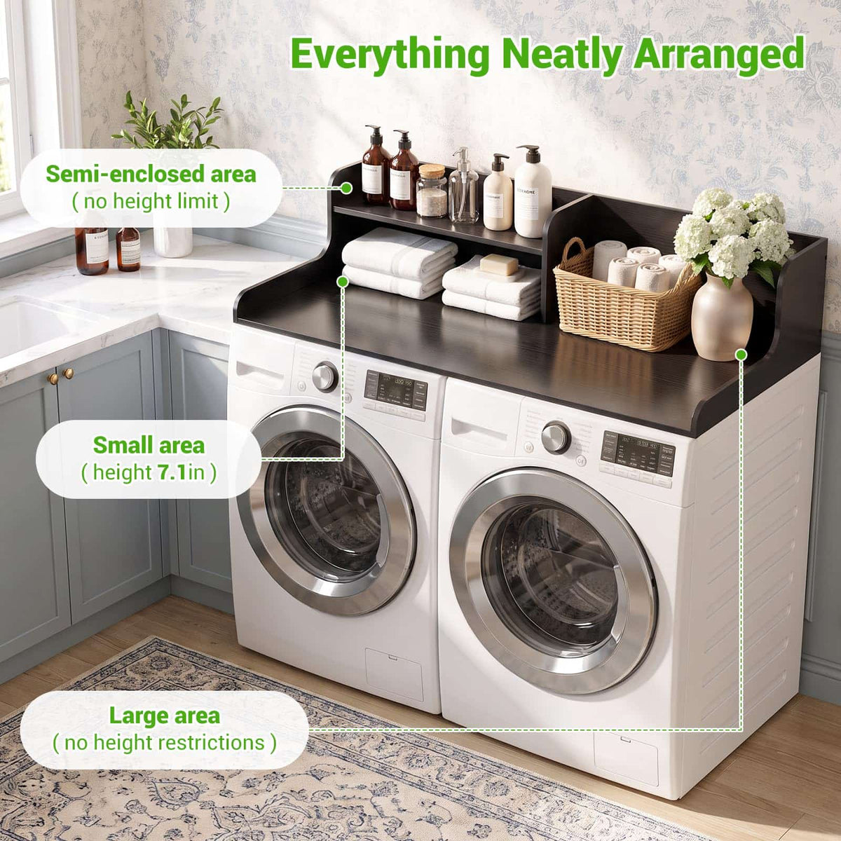 54" Washer Dryer Countertop with 2-Tier Raised Back Shelf, Laundry Wood Storage Overlay