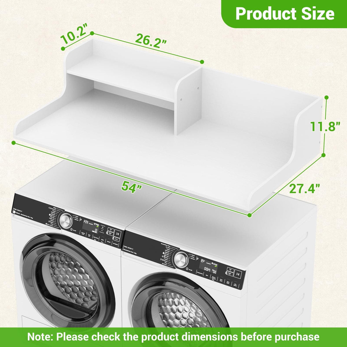 54" Washer Dryer Countertop with 2-Tier Raised Back Shelf, Laundry Wood Storage Overlay