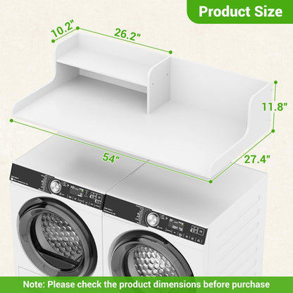 54" Washer Dryer Countertop with 2-Tier Raised Back Shelf, Laundry Wood Storage Overlay