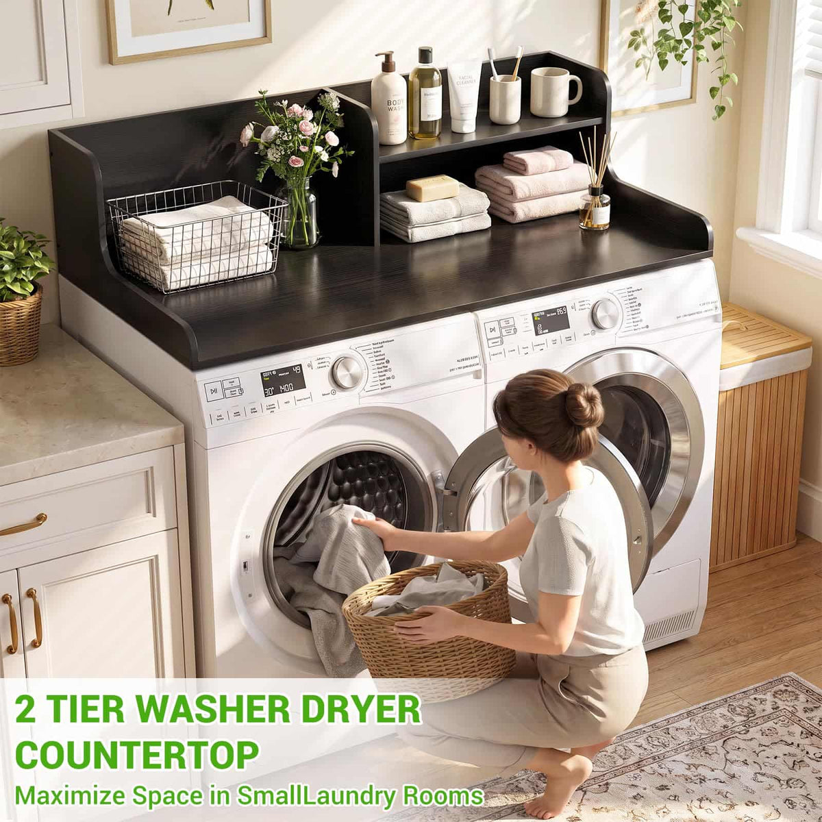 54" Washer Dryer Countertop with 2-Tier Raised Back Shelf, Laundry Wood Storage Overlay