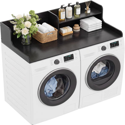 54" Washer Dryer Countertop with 2-Tier Raised Back Shelf, Laundry Wood Storage Overlay