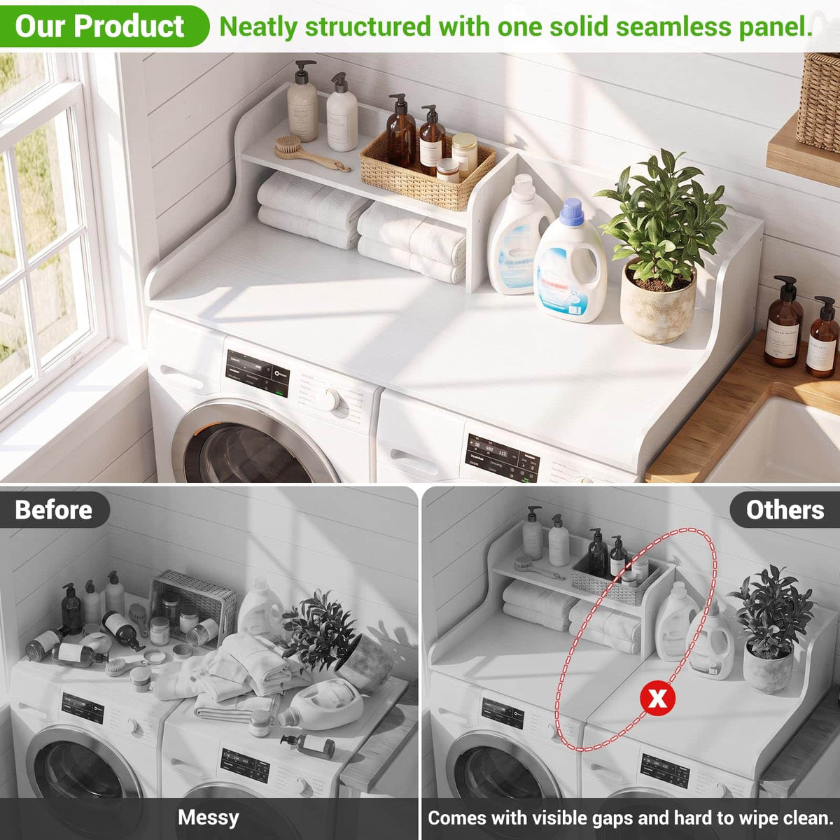 54" Washer Dryer Countertop with 2-Tier Raised Back Shelf, Laundry Wood Storage Overlay