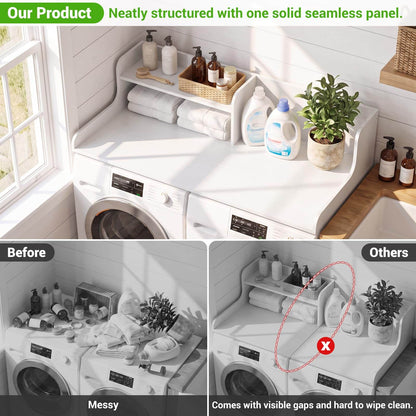 54" Washer Dryer Countertop with 2-Tier Raised Back Shelf, Laundry Wood Storage Overlay
