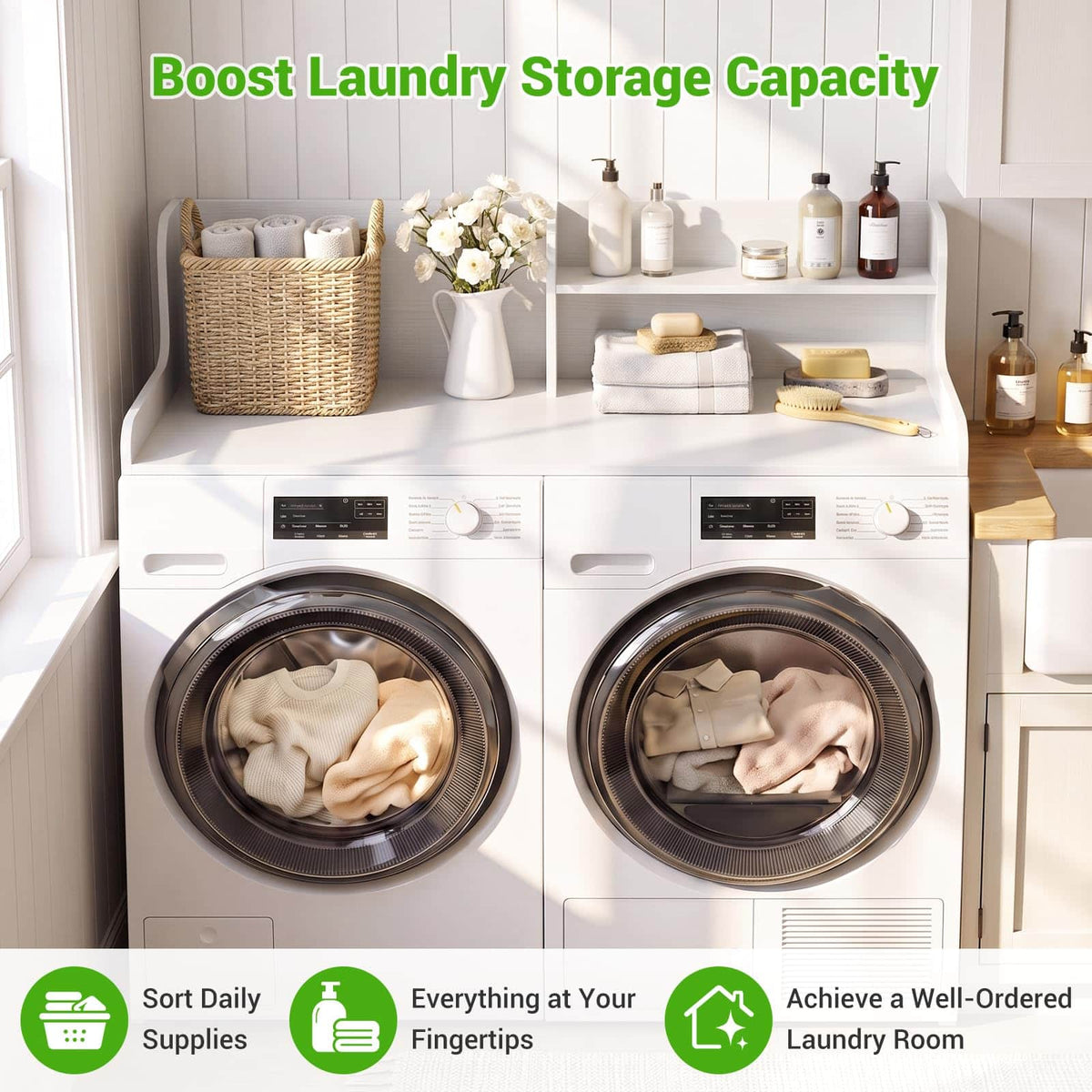 54" Washer Dryer Countertop with 2-Tier Raised Back Shelf, Laundry Wood Storage Overlay