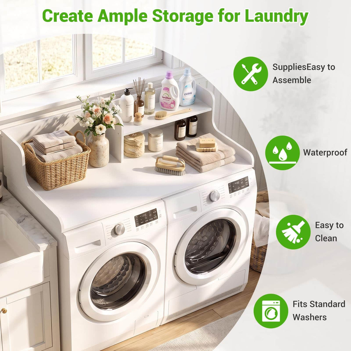 54" Washer Dryer Countertop with 2-Tier Raised Back Shelf, Laundry Wood Storage Overlay