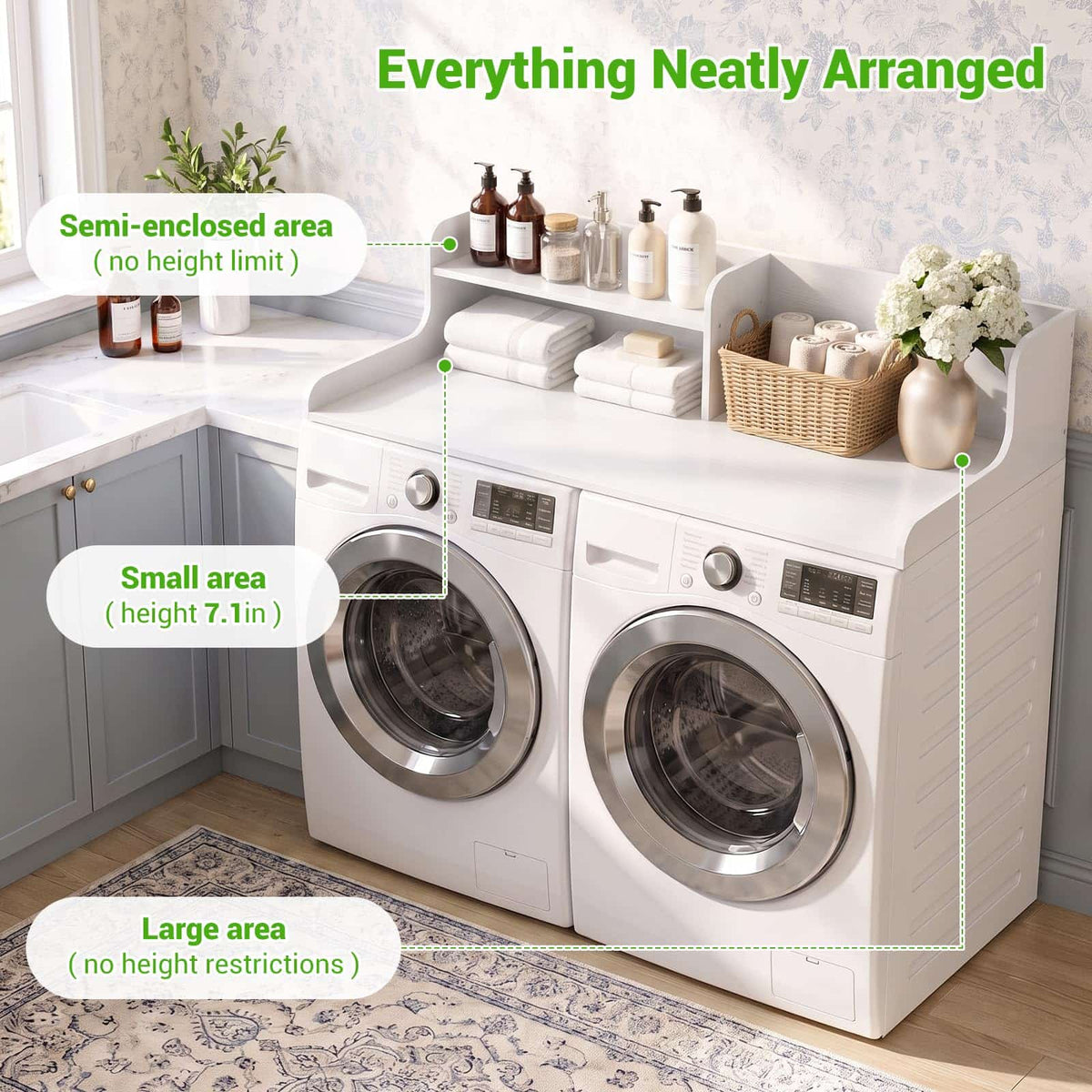 54" Washer Dryer Countertop with 2-Tier Raised Back Shelf, Laundry Wood Storage Overlay