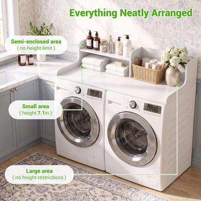 54" Washer Dryer Countertop with 2-Tier Raised Back Shelf, Laundry Wood Storage Overlay