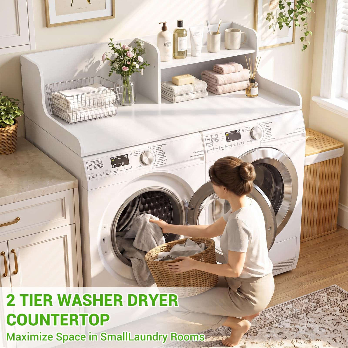 54" Washer Dryer Countertop with 2-Tier Raised Back Shelf, Laundry Wood Storage Overlay