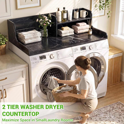 54" Washer Dryer Countertop with 2-Tier Raised Back Shelf, Laundry Wood Storage Overlay