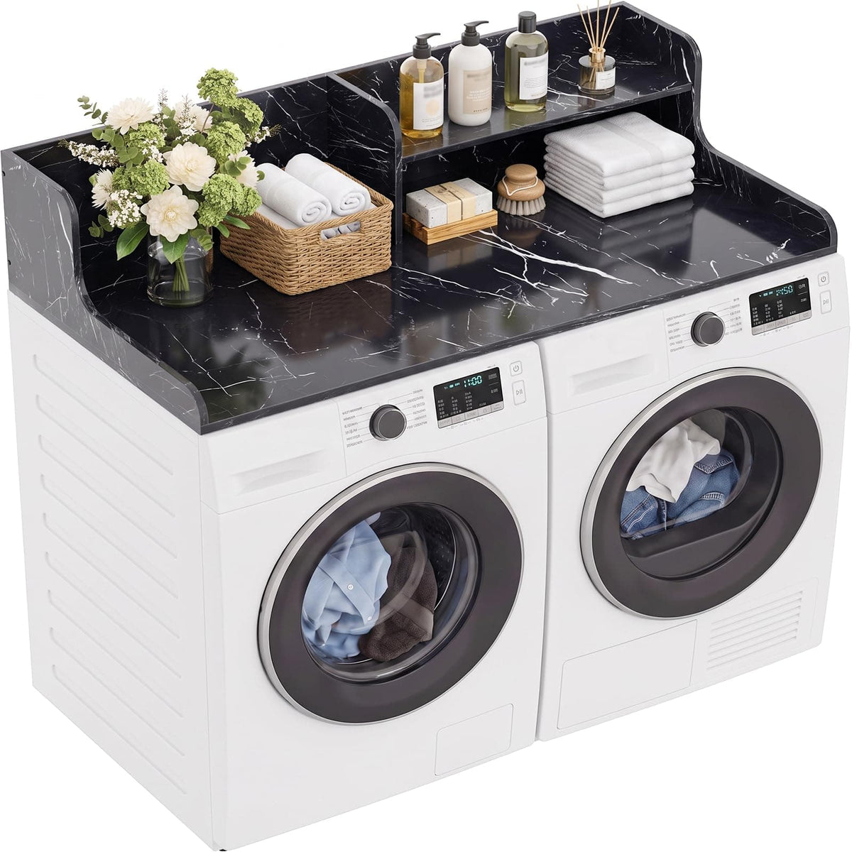 54" Washer Dryer Countertop with 2-Tier Raised Back Shelf, Laundry Wood Storage Overlay