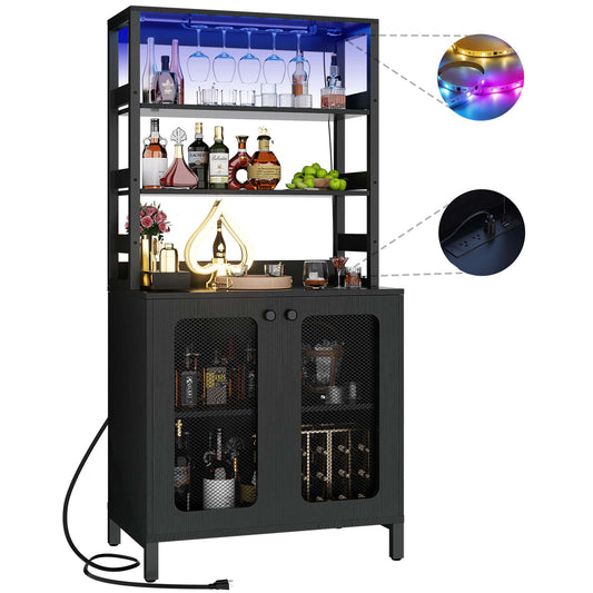 67" Tall Wine Cabinet Liquor Cabinet with LED Lights and Power Outlets