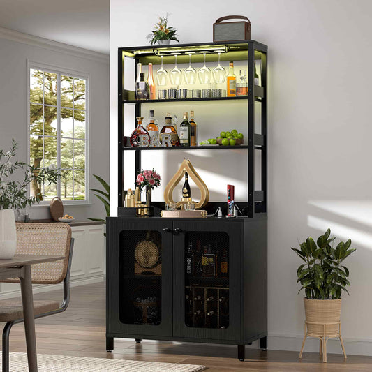 67" Tall Wine Cabinet Liquor Cabinet with LED Lights and Power Outlets