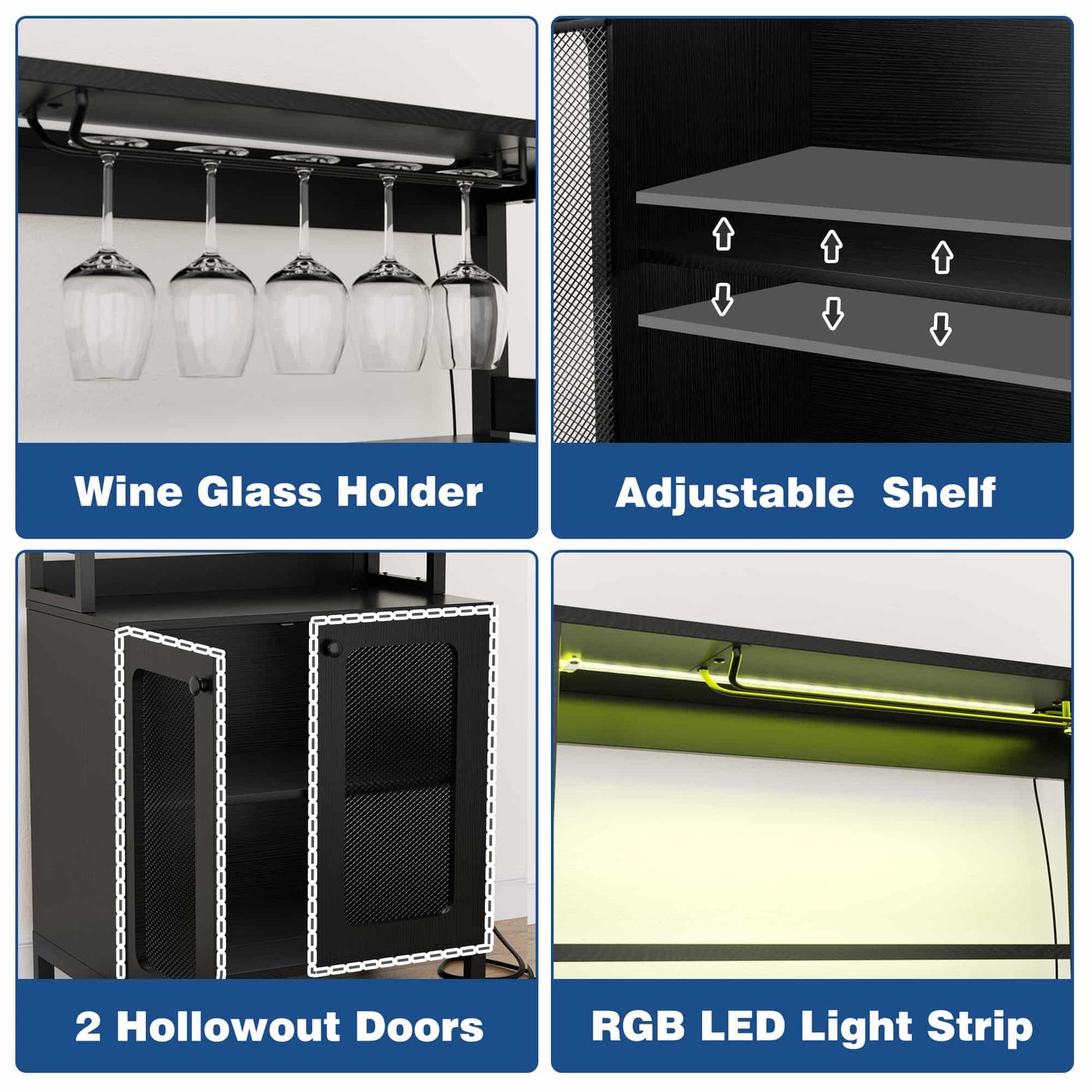 67" Tall Wine Cabinet Liquor Cabinet with LED Lights and Power Outlets