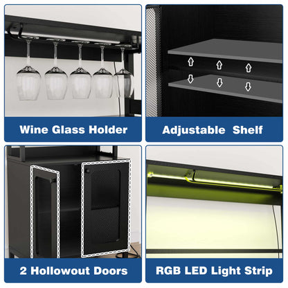 67" Tall Wine Cabinet Liquor Cabinet with LED Lights and Power Outlets